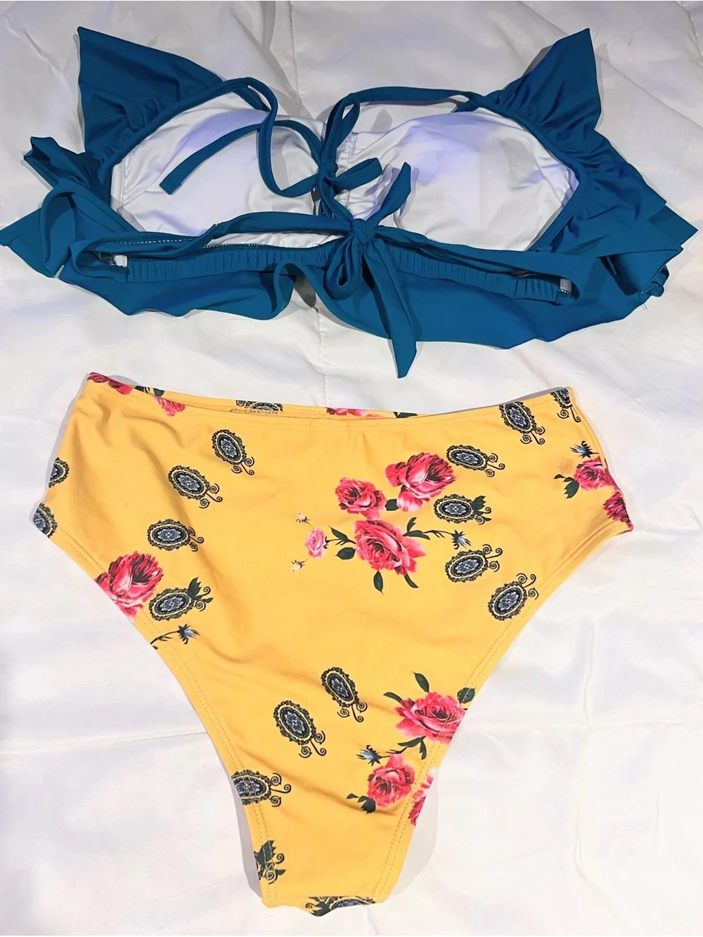 Teal Ruffle Flounce Bikini Top with Yellow Floral High-Waist Bottoms Size Medium
